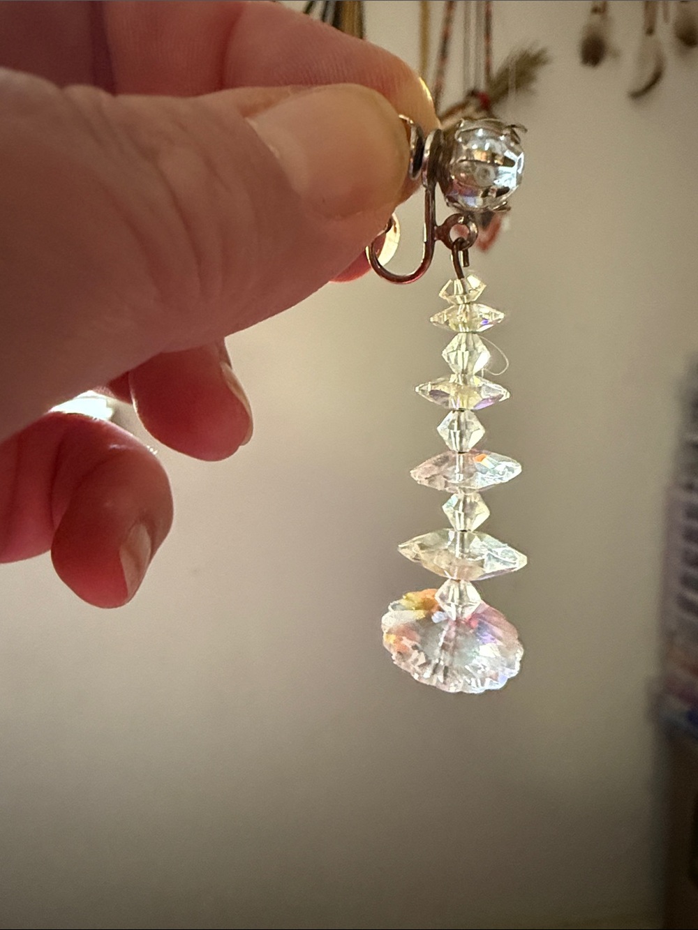 Clear Iridescent Crystal Drop Clip-On Earrings - Picture 3 of 3